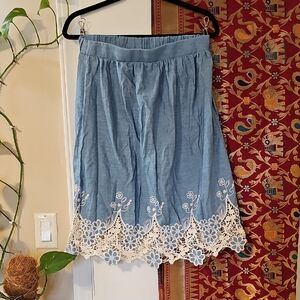 Le Lis Blue Chambray A-Line Skirt with White Lace Trim